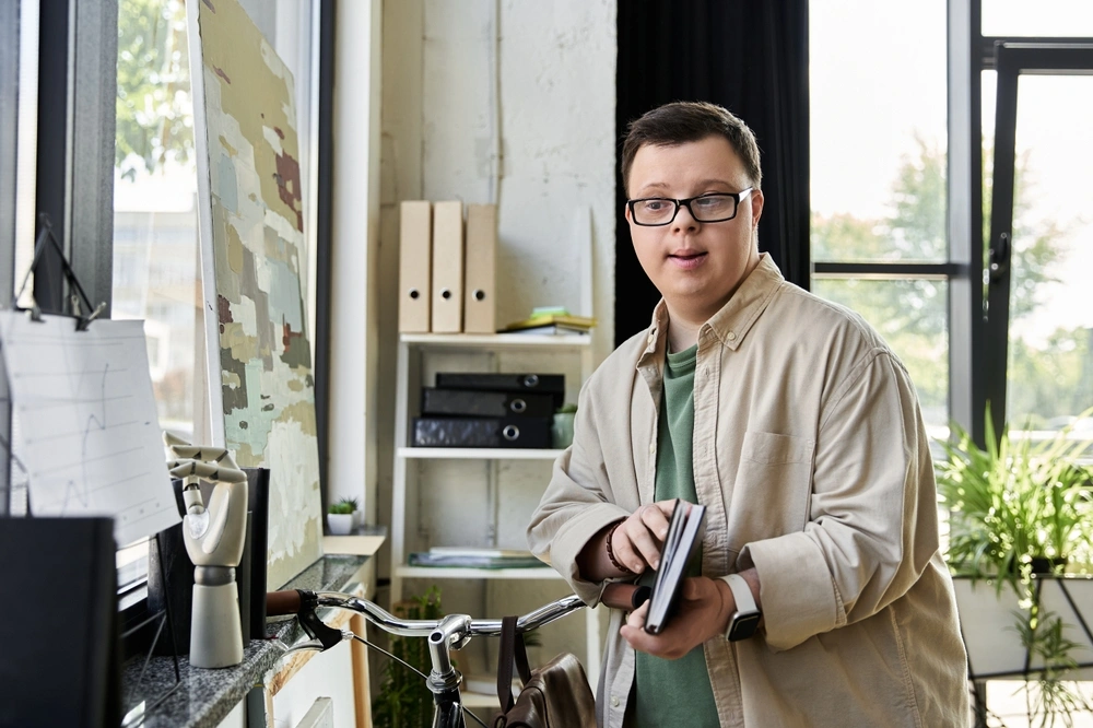 A young man with Down syndrome stands in a bright room with a bike and a painting on the wall.